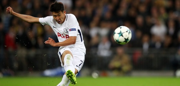 Son Heung-min takes a shot in a Champions League game for Tottenham Hotspur